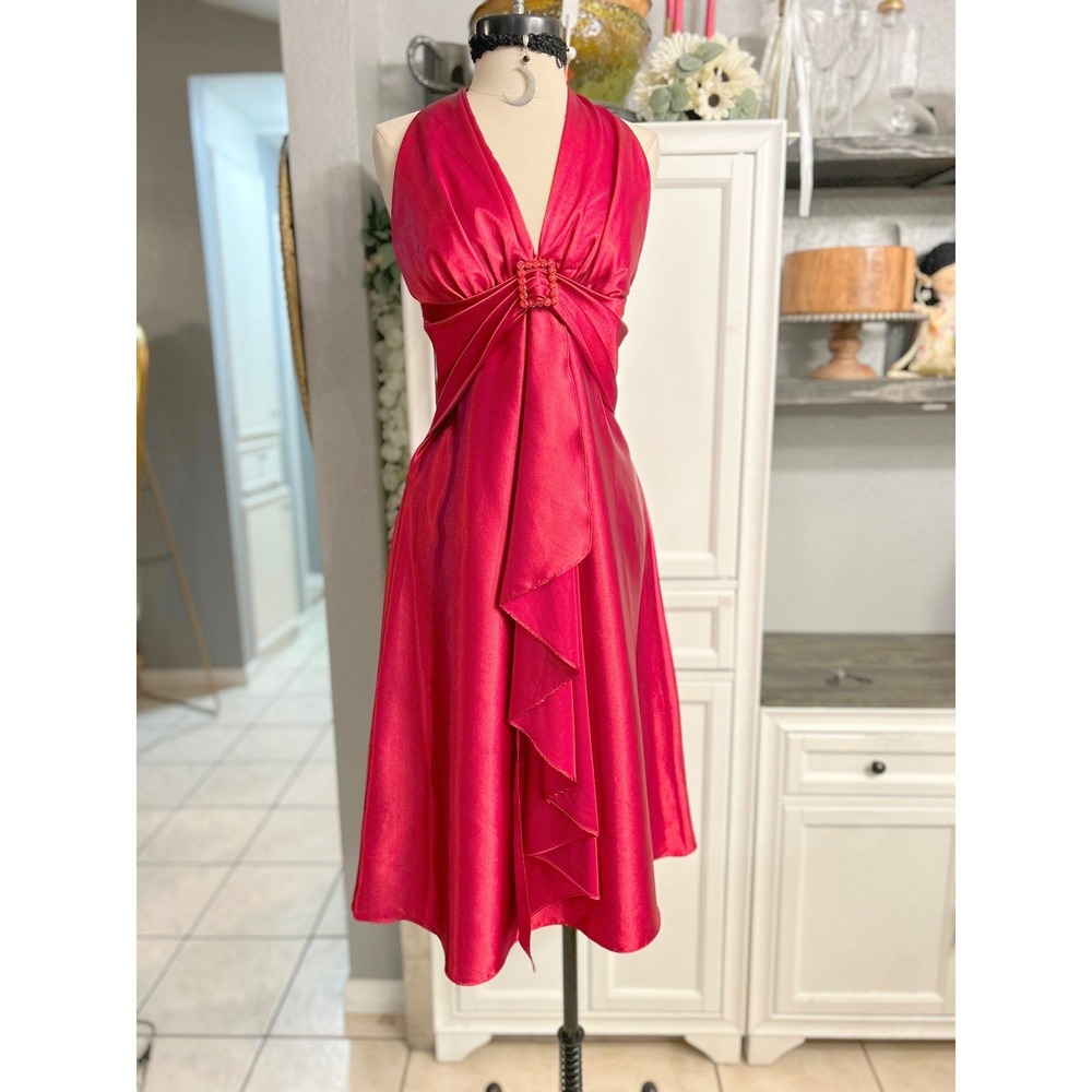 Red Satin Halter Salsa Dress Vintage Formal Rhinestone Medium Party Evening Gown